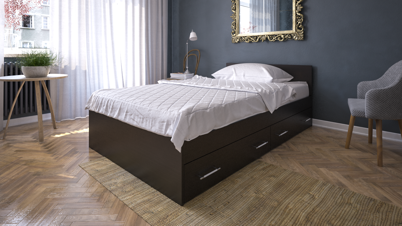 Стандарт Кровать с ящиками 1200, цвет венге, ШхГхВ 123,5х203,5х70 см., сп.м. 1200х2000 мм., без матраса, основание есть