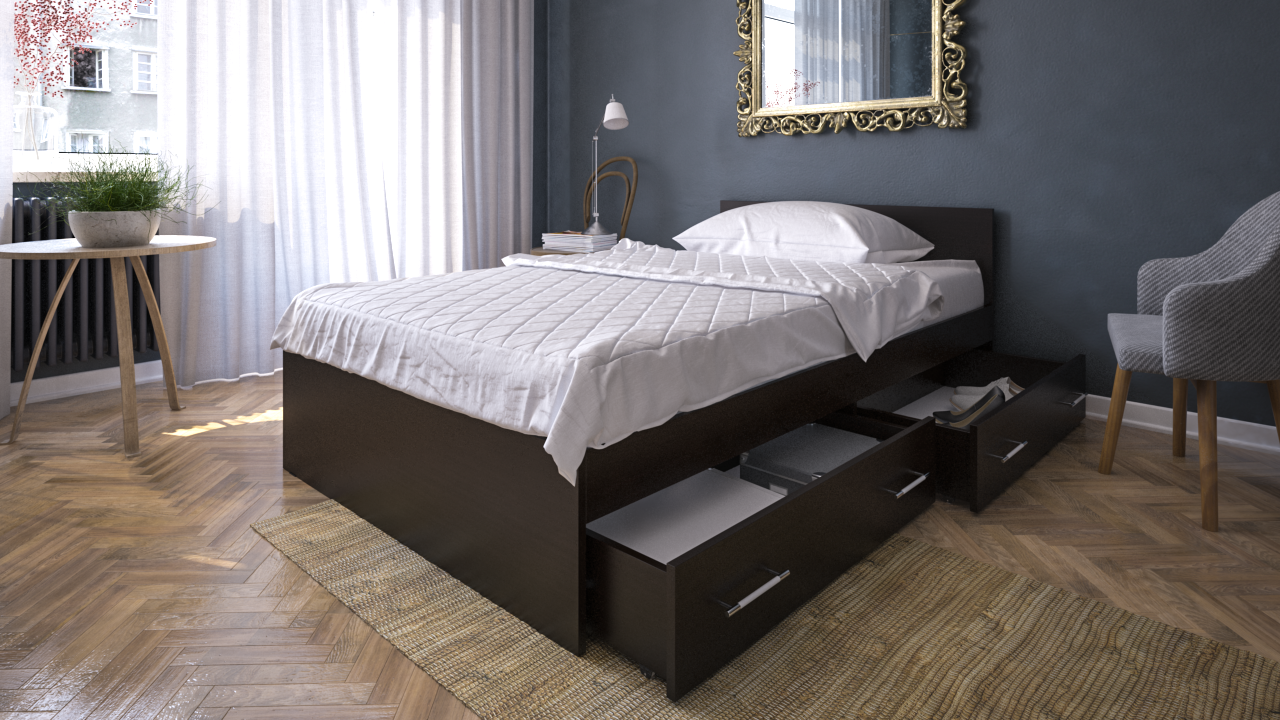 Стандарт Кровать с ящиками 1200, цвет венге, ШхГхВ 123,5х203,5х70 см., сп.м. 1200х2000 мм., без матраса, основание есть