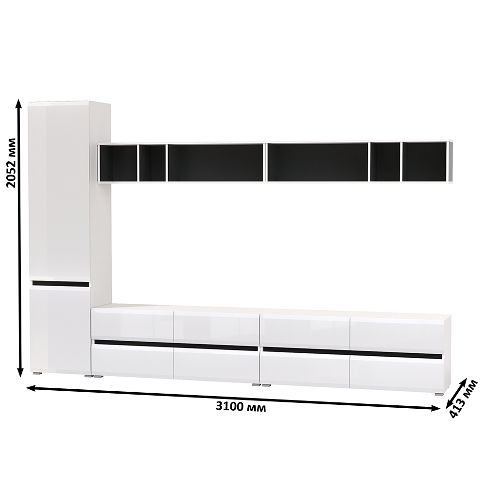 Гостиная Сидней Комплектация № 073, цвет корпус: белый/чёрный/фасады: МДФ белый глянец, ШхГхВ 310х41,3х205,2 см., универсальная сборка