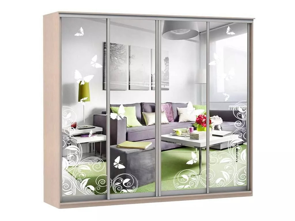 Шкаф купе Модерн 2362х600  4-х дверный 3-х секционный зеркальный с пескоструем №4 ясень